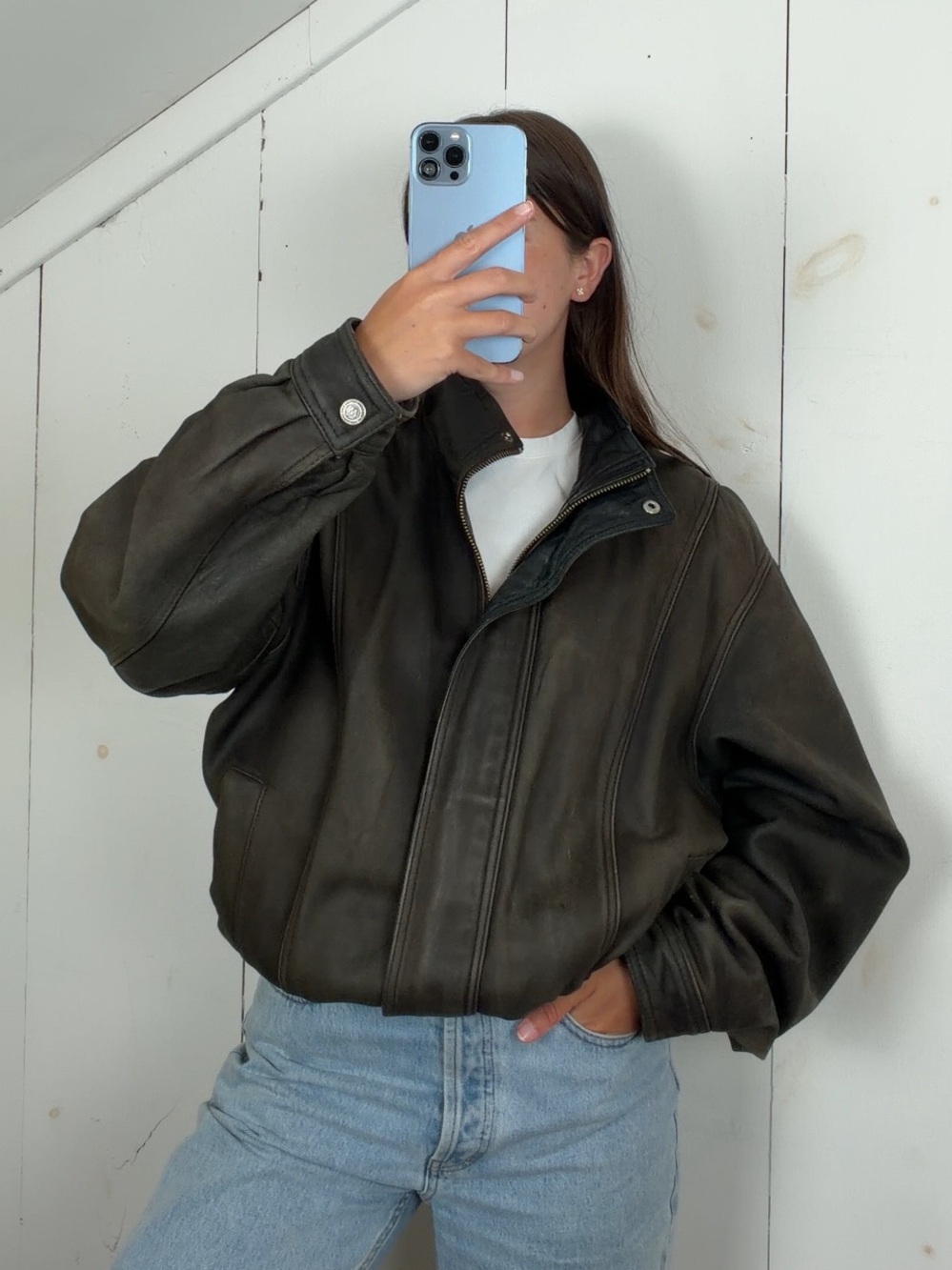 Vintage Wilsons Brown Leather Full Zip Bomber Jacket Men's Large Contrast Collar